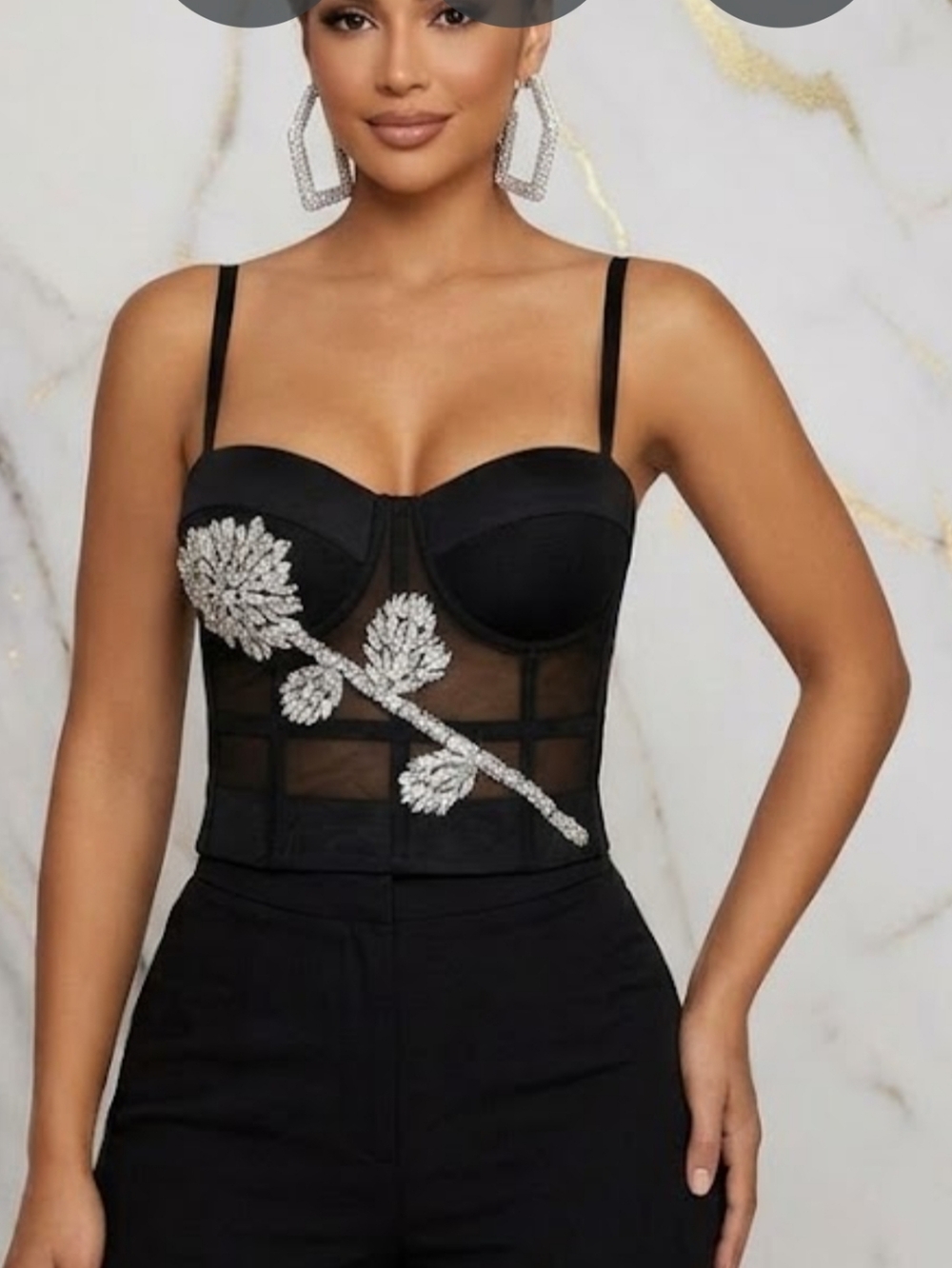 Embellished Black Sheer Bustier Corset Adjustable Removable Straps Top